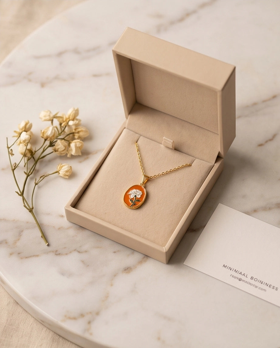 Gold Peach White Flower Enamel Medallion Chain Necklace