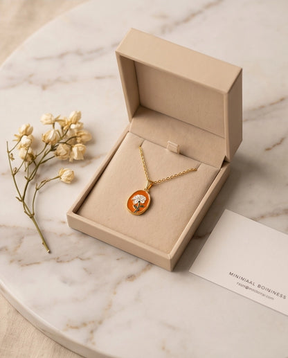 Gold Peach White Flower Enamel Medallion Chain Necklace