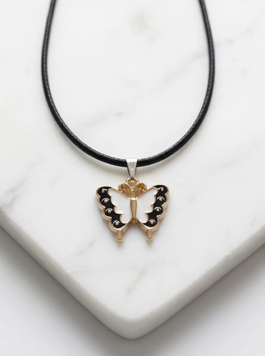Black & White Enamel Butterfly Pendant Necklace