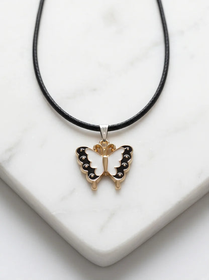 Black & White Enamel Butterfly Pendant Necklace