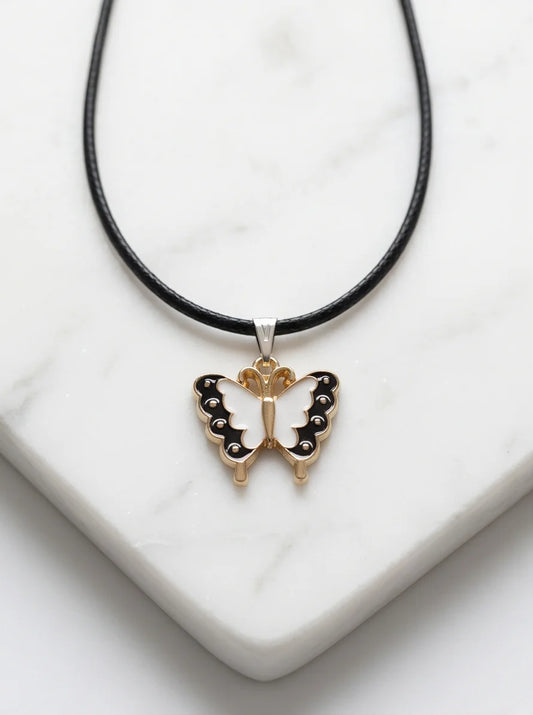 Black & White Enamel Butterfly Pendant Necklace