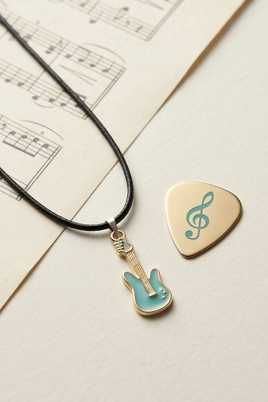 Gold and Turquoise Enamel Electric Guitar Necklace