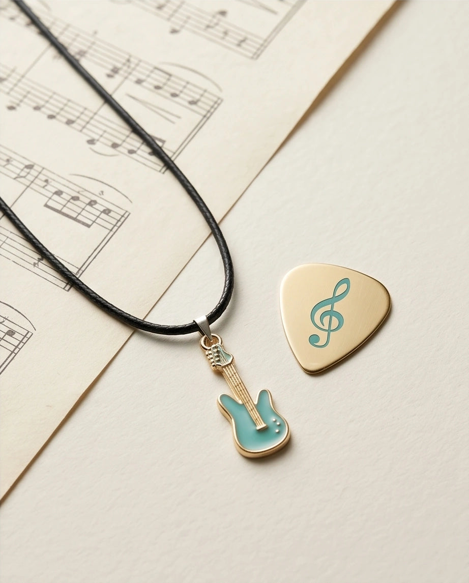 Gold and Turquoise Enamel Electric Guitar Necklace