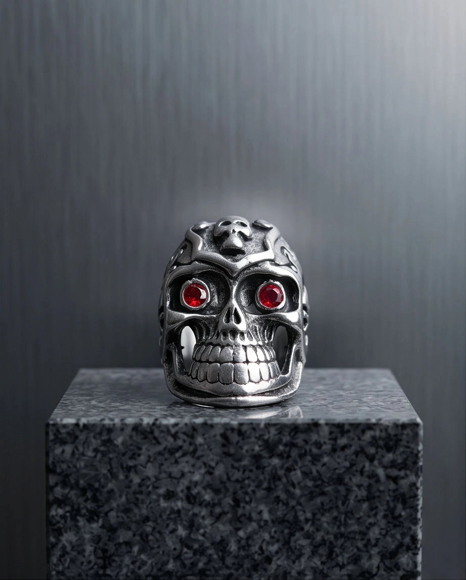 Ruby-Eyed Crested Filigree Skull Ring