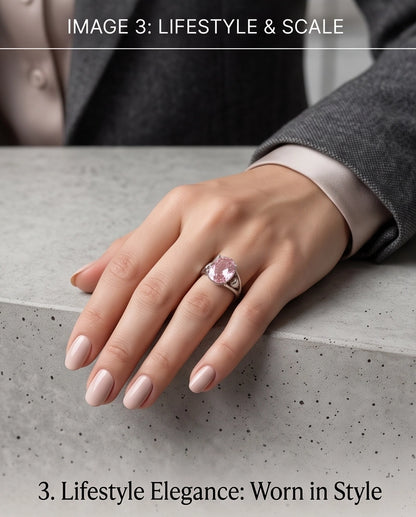 Silver Oval Pink Gemstone Heart Detail Solitaire Ring