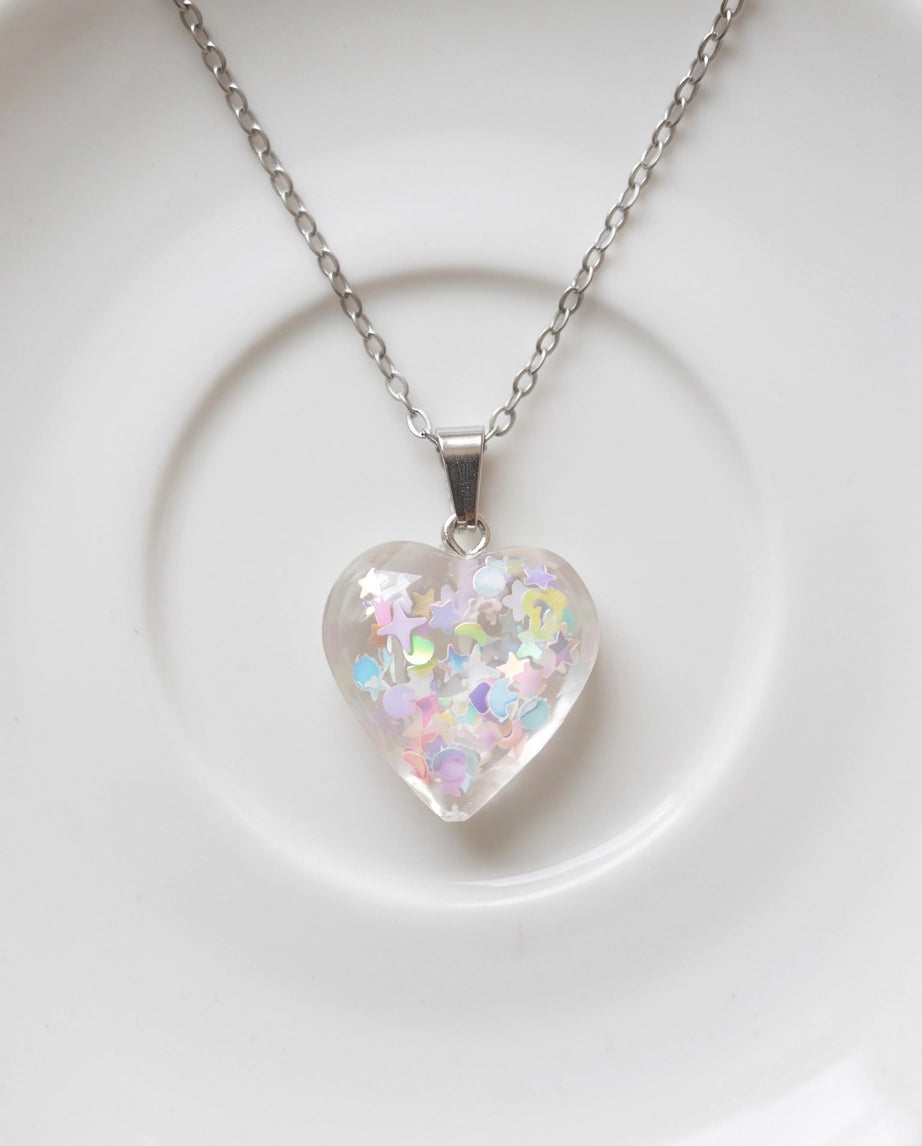 Silver Iridescent Confetti Clear Heart Resin Pendant Necklace