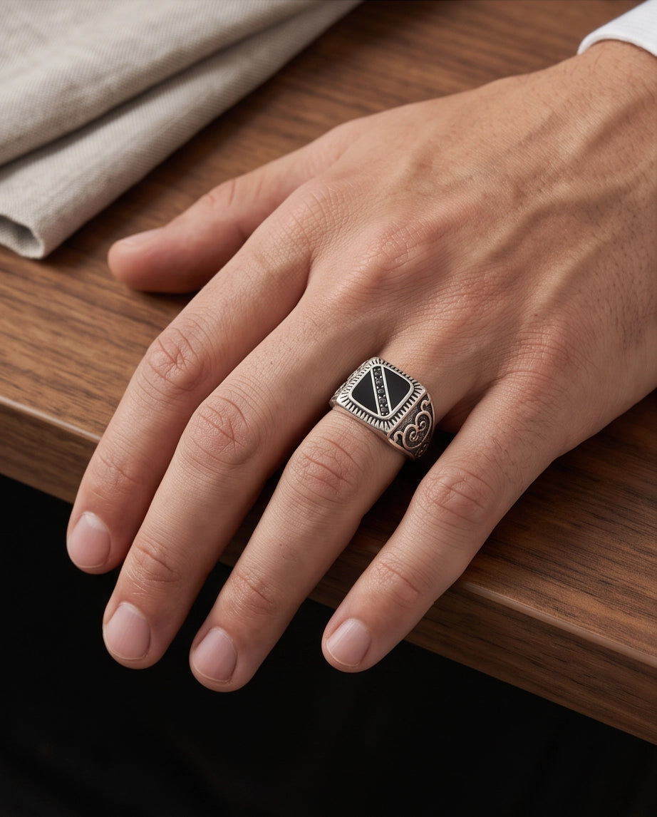 Dark-Stone Channel Inlay Filigree Scroll Silver Ring