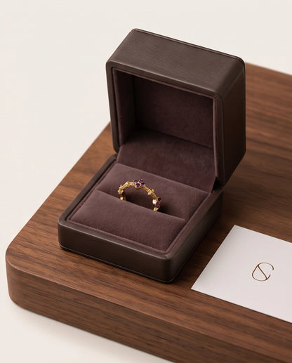 Gold Textured Floral Purple Gemstone Eternity Ring