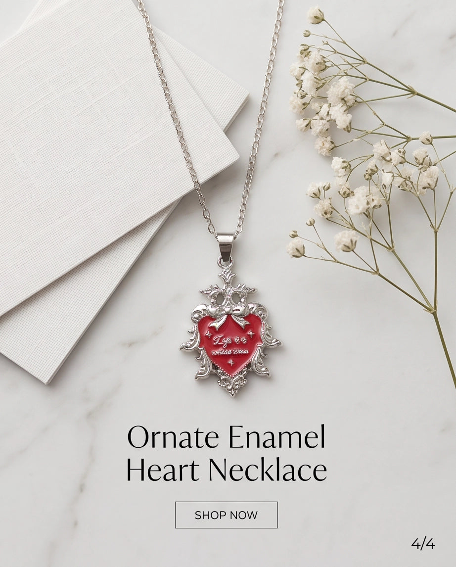 Silver Vintage Heart Engraved Red Enamel Pendant Necklace