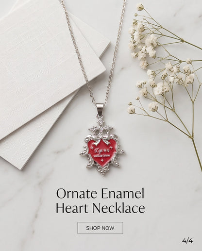 Silver Vintage Heart Engraved Red Enamel Pendant Necklace