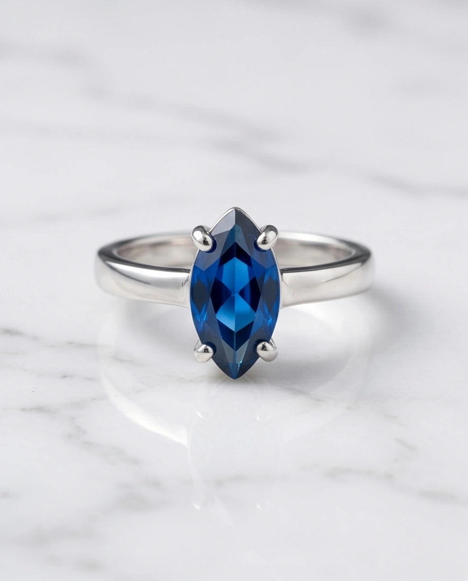 Sterling Silver Marquise-Cut Sapphire Blue Solitaire Ring