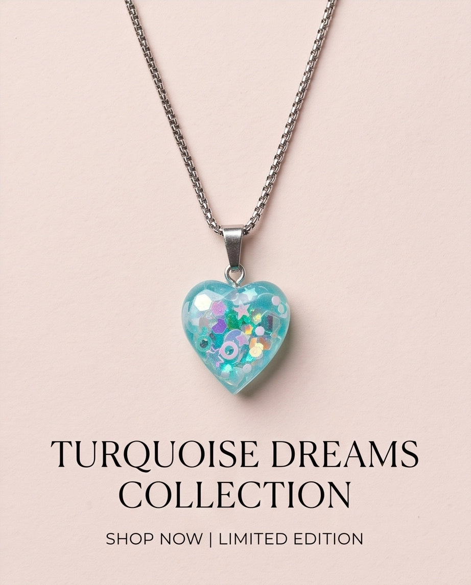 Silver Light Blue Glitter Heart Resin Pendant Necklace