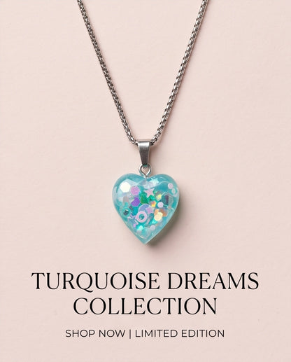 Silver Light Blue Glitter Heart Resin Pendant Necklace