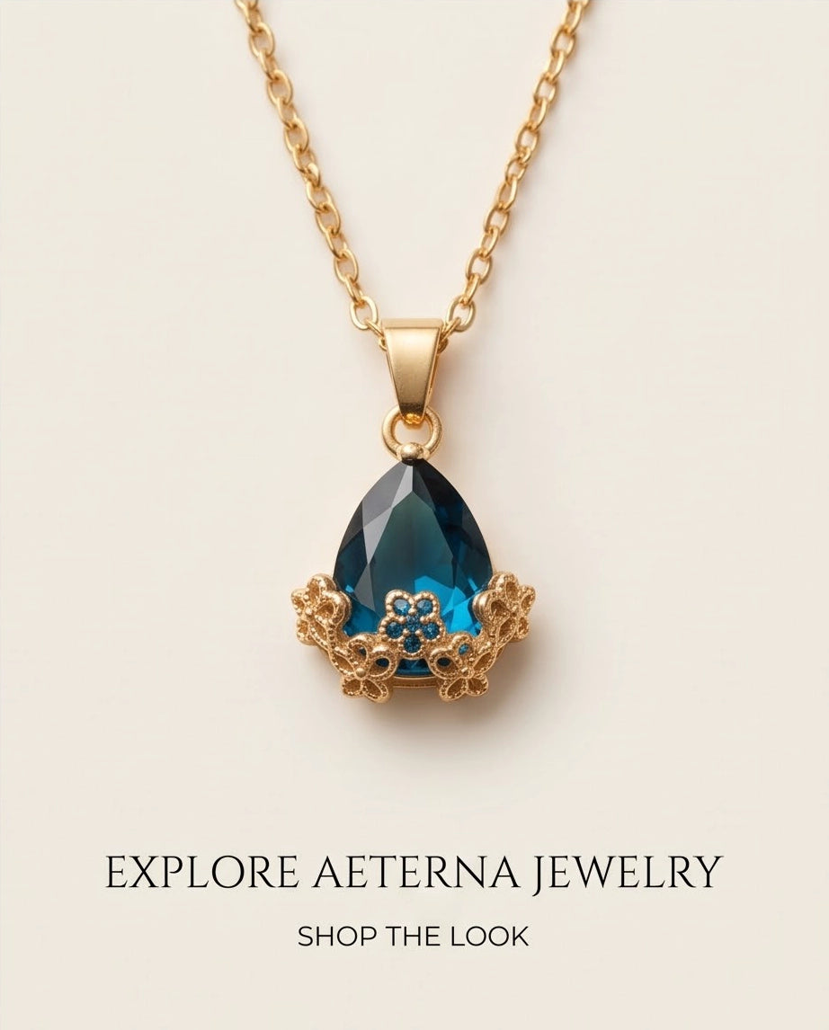 Gold Sapphire Teardrop Floral Basket Pendant Necklace