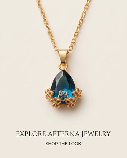 Gold Sapphire Teardrop Floral Basket Pendant Necklace