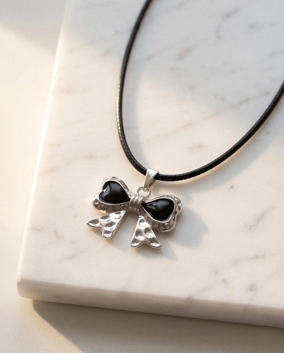 Black Enamel Ribbon Bow Pendant Necklace