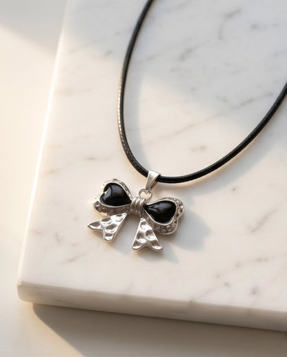 Black Enamel Ribbon Bow Pendant Necklace