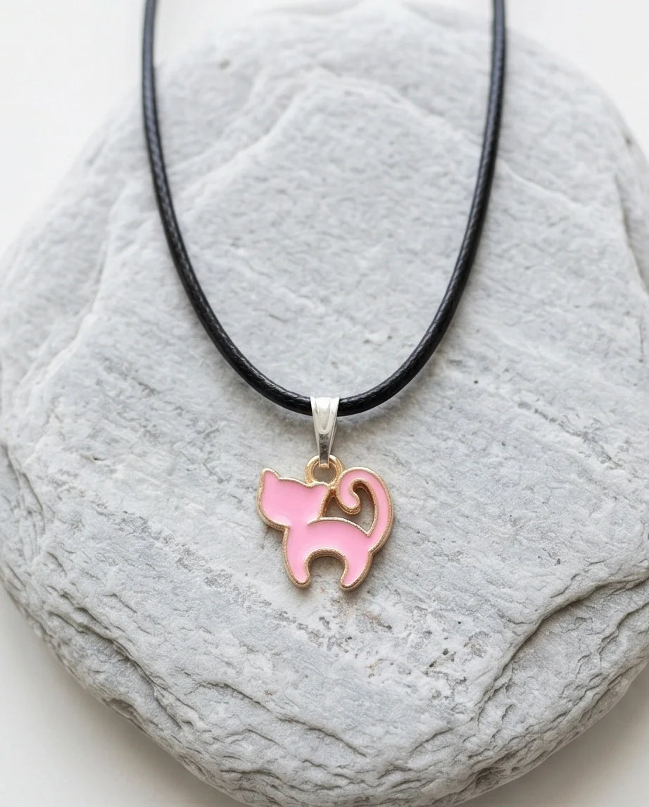 Playful Pink Cat Enamel Pendant Necklace