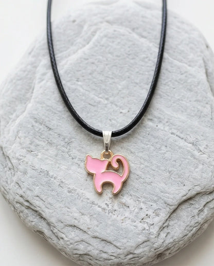 Playful Pink Cat Enamel Pendant Necklace