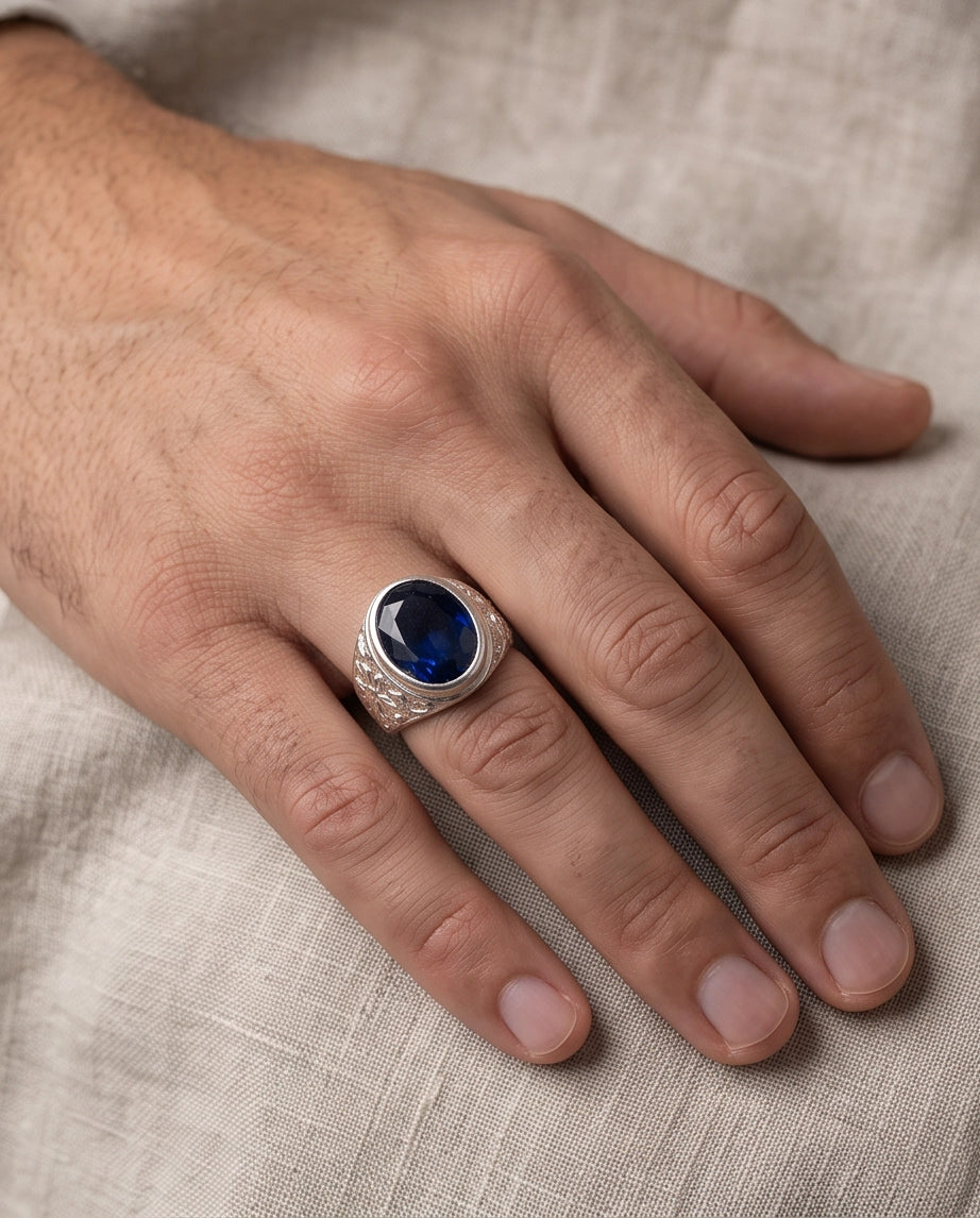 Cobalt Blue Oval-Cut Gemstone Filigree Silver Ring