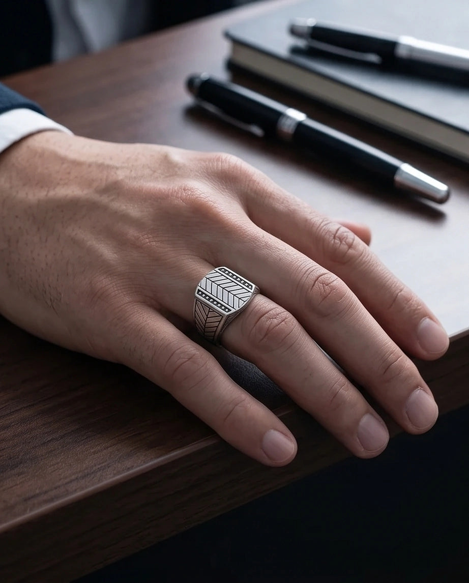 Sterling Silver Chevron Pattern Geometric Signet Ring