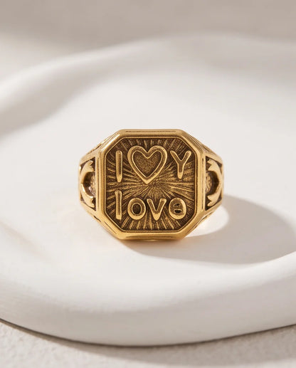 Sunburst "I Love" Gold Signet Ring