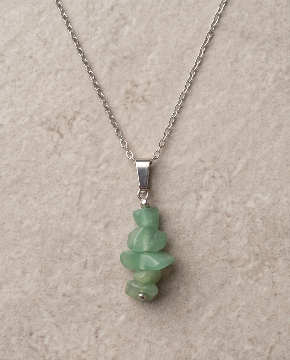 Silver Stacked Raw Green Aventurine Chip Stone Pendant Necklace