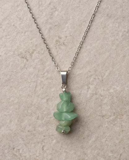 Silver Stacked Raw Green Aventurine Chip Stone Pendant Necklace