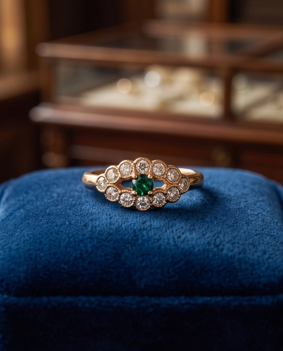 Emerald & Crystal Scalloped Halo Ring
