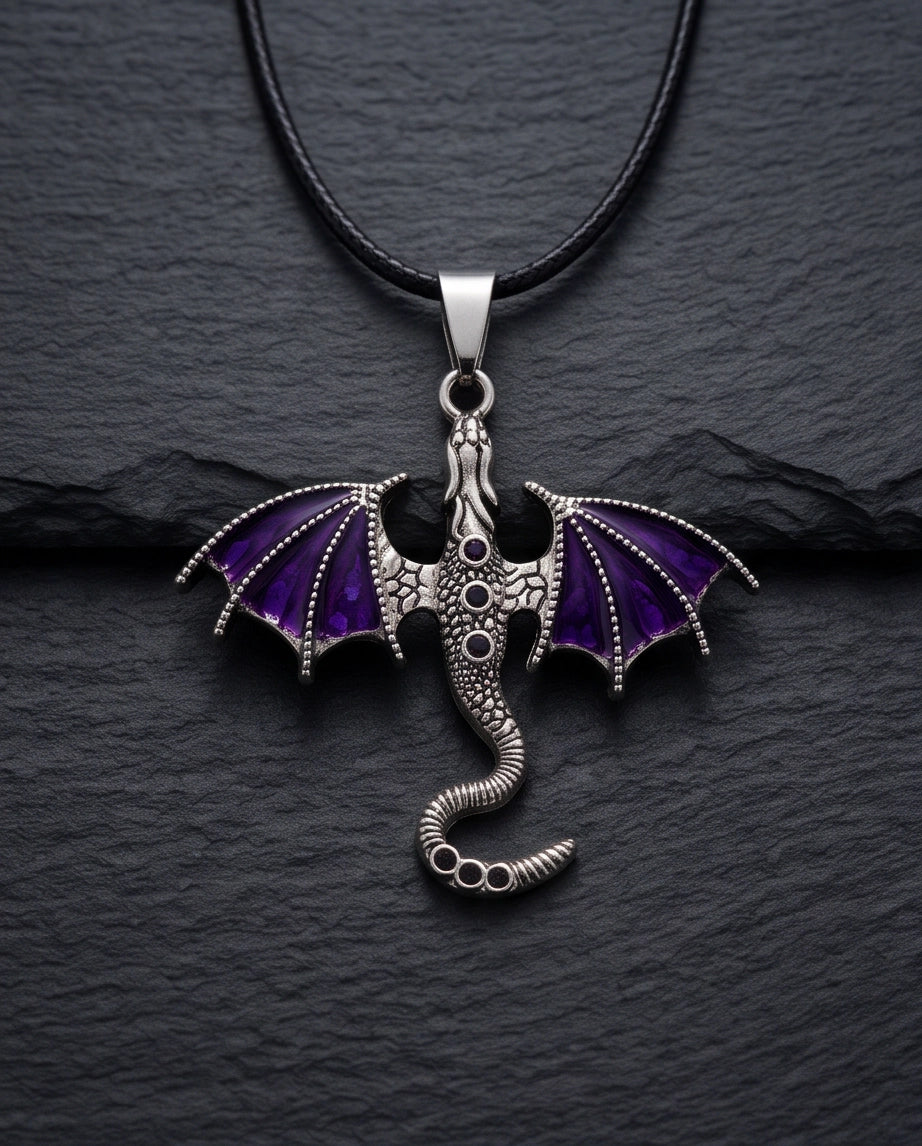 Silver Purple Enamel Dragon Wyvern Pendant Necklace