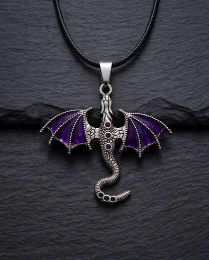 Silver Purple Enamel Dragon Wyvern Pendant Necklace