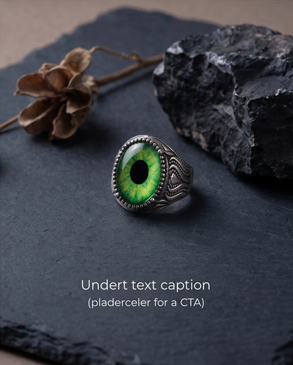 Lime-Green Elliptical-Pupil Dragon-Eye Ornate Scrollwork Silver Ring