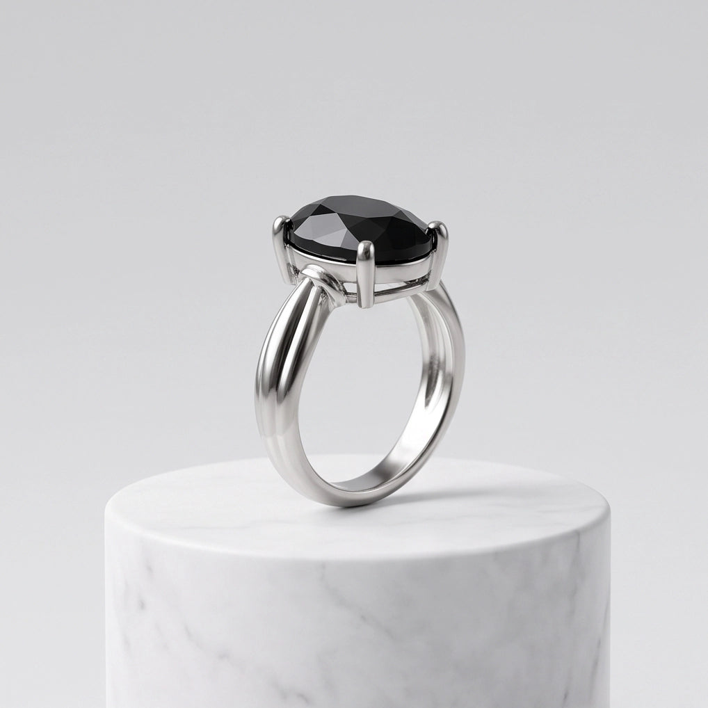 Silver Oval Onyx Gemstone Solitaire Ring
