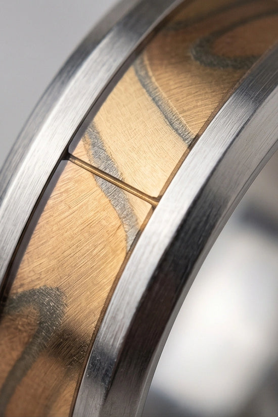 Natural Olive Wood Inlay Silver Band Ring