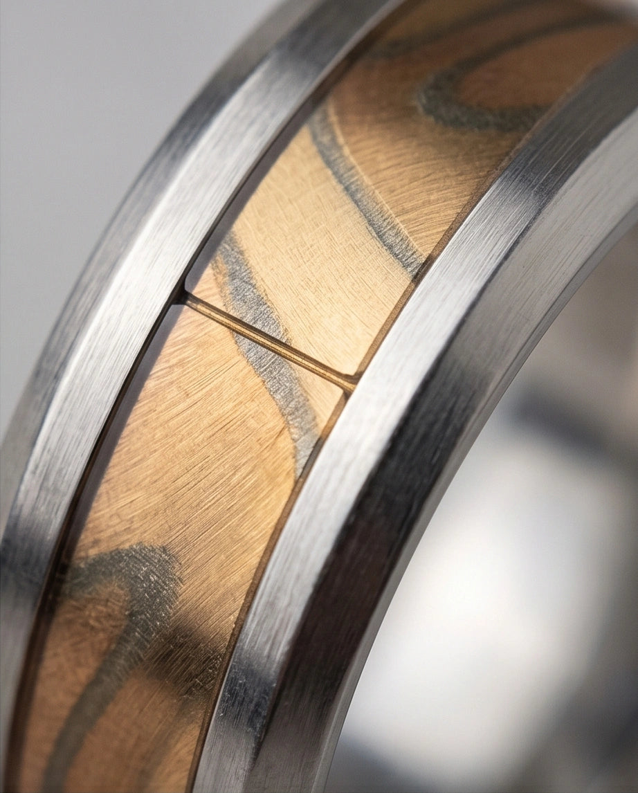 Natural Olive Wood Inlay Silver Band Ring