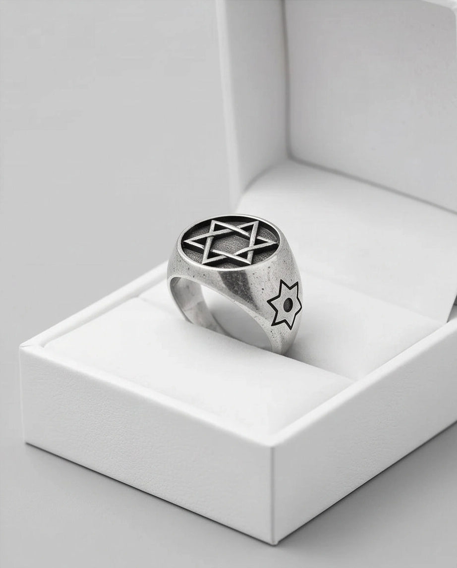 Silver Hexagram Celestial Signet Ring