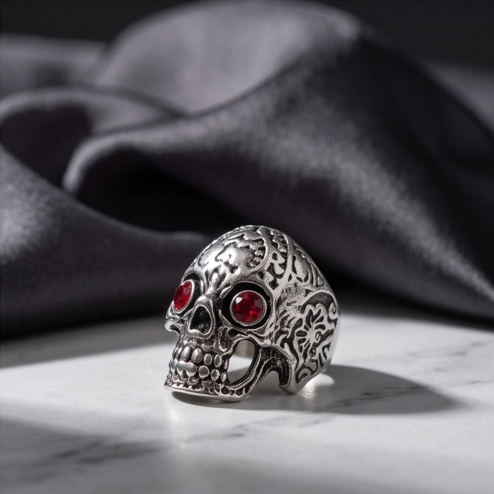 Ruby-Eyed Filigree Skull Ring
