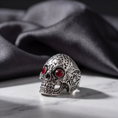 Ruby-Eyed Filigree Skull Ring