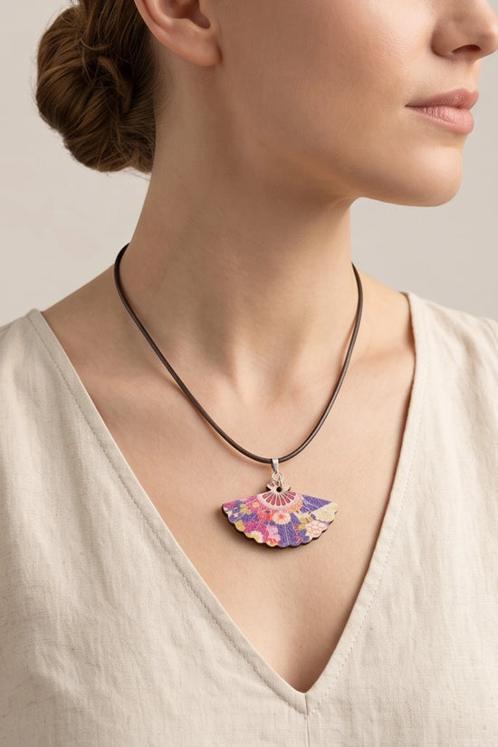 Vintage Purple Floral Hand-Fan Pendant Necklace