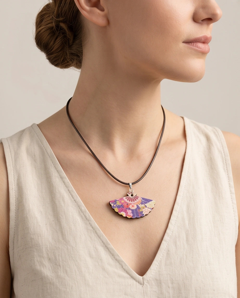Vintage Purple Floral Hand-Fan Pendant Necklace