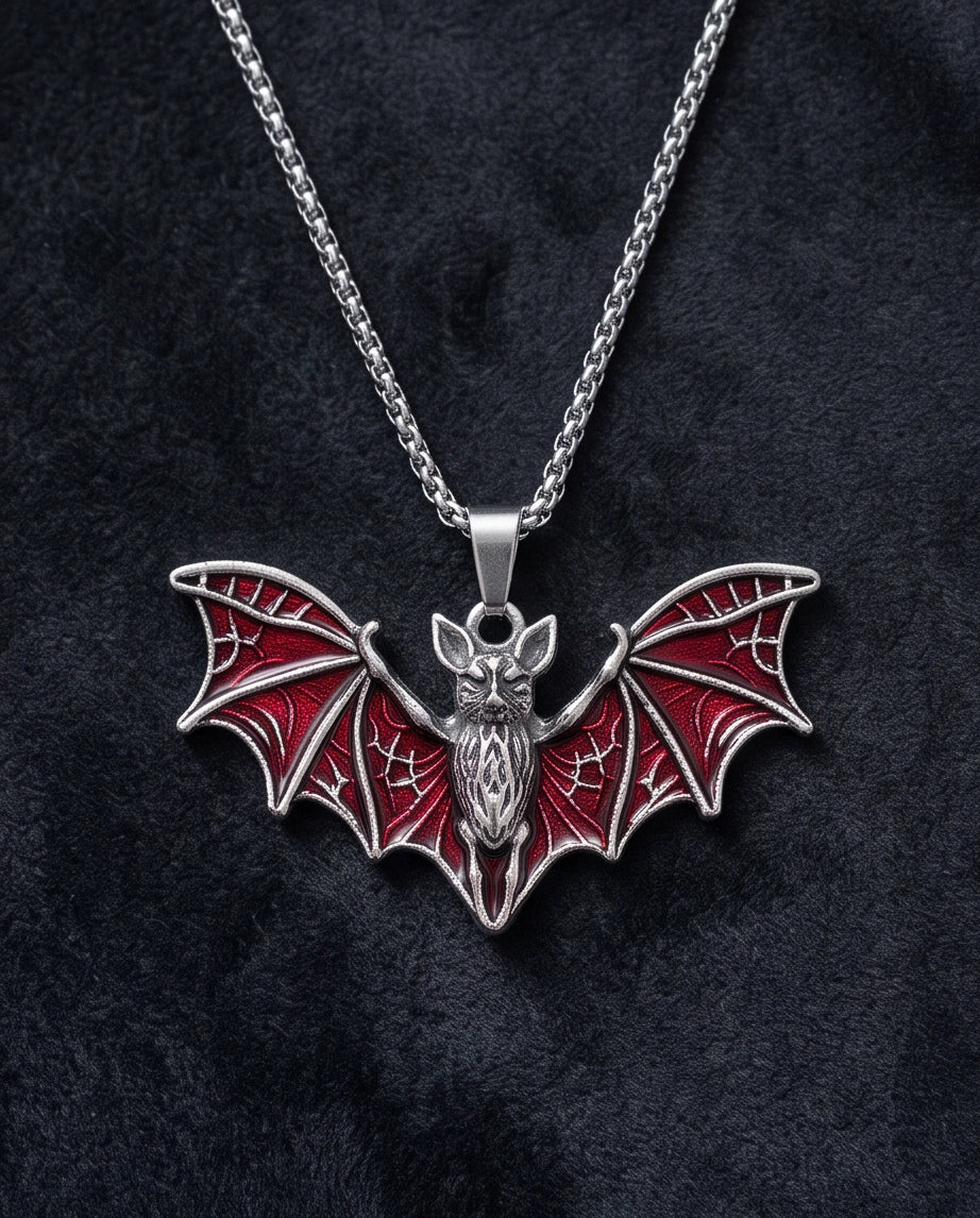 Silver Red Enamel Flying Bat Pendant Necklace