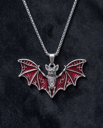 Silver Red Enamel Flying Bat Pendant Necklace