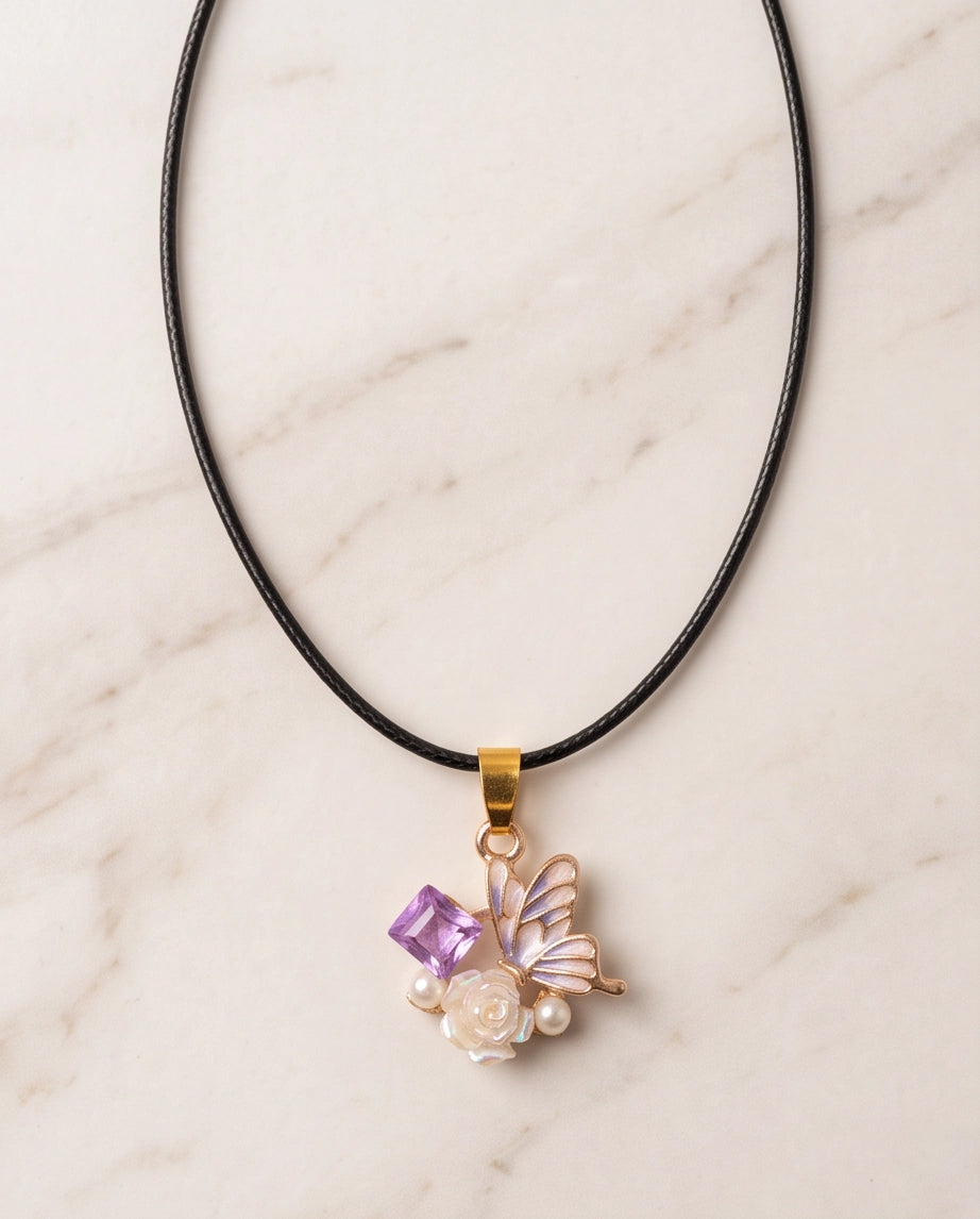 Gold Purple Enamel Butterfly & Pearl Rose Cluster Pendant Necklace