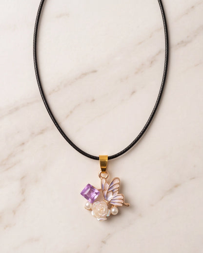 Gold Purple Enamel Butterfly & Pearl Rose Cluster Pendant Necklace