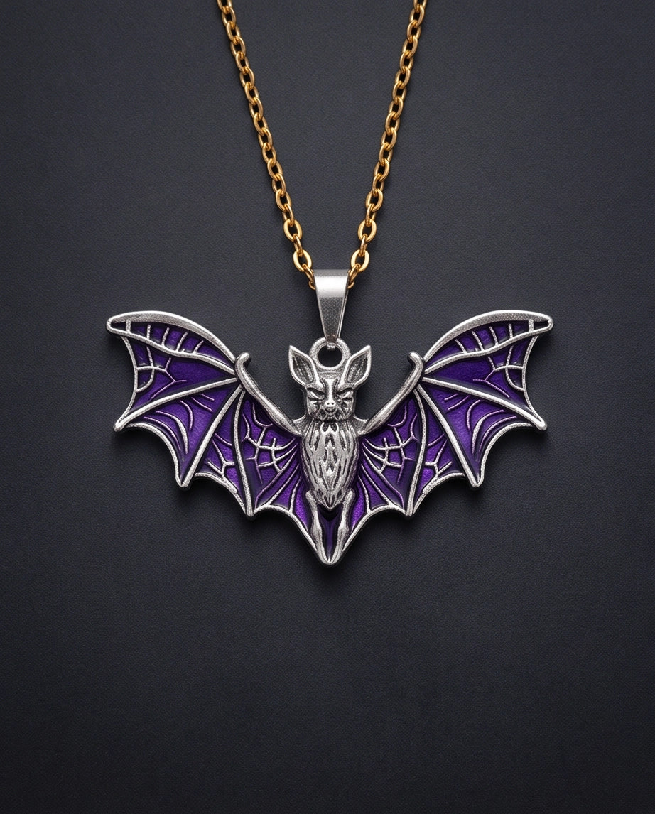 Silver Purple Enamel Flying Bat Pendant Necklace