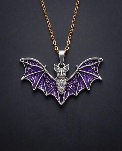 Silver Purple Enamel Flying Bat Pendant Necklace