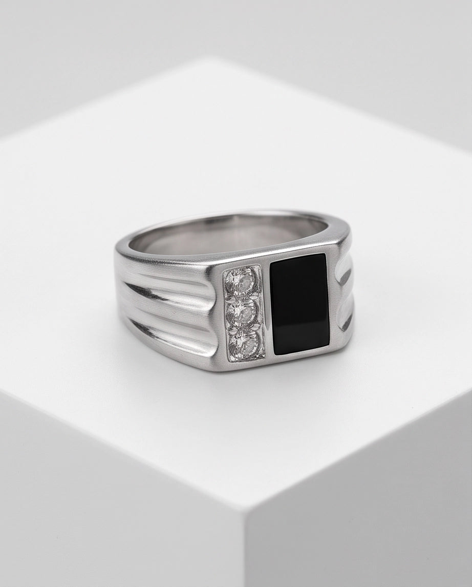 Dual-Panel Onyx & Triple-Crystal Fluted Shoulder Silver Ring