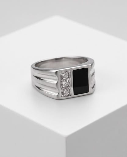 Dual-Panel Onyx & Triple-Crystal Fluted Shoulder Silver Ring