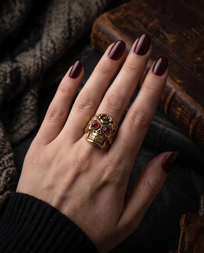 Ruby-Eyed Beaded Bezel Filigree Skull Gold Ring