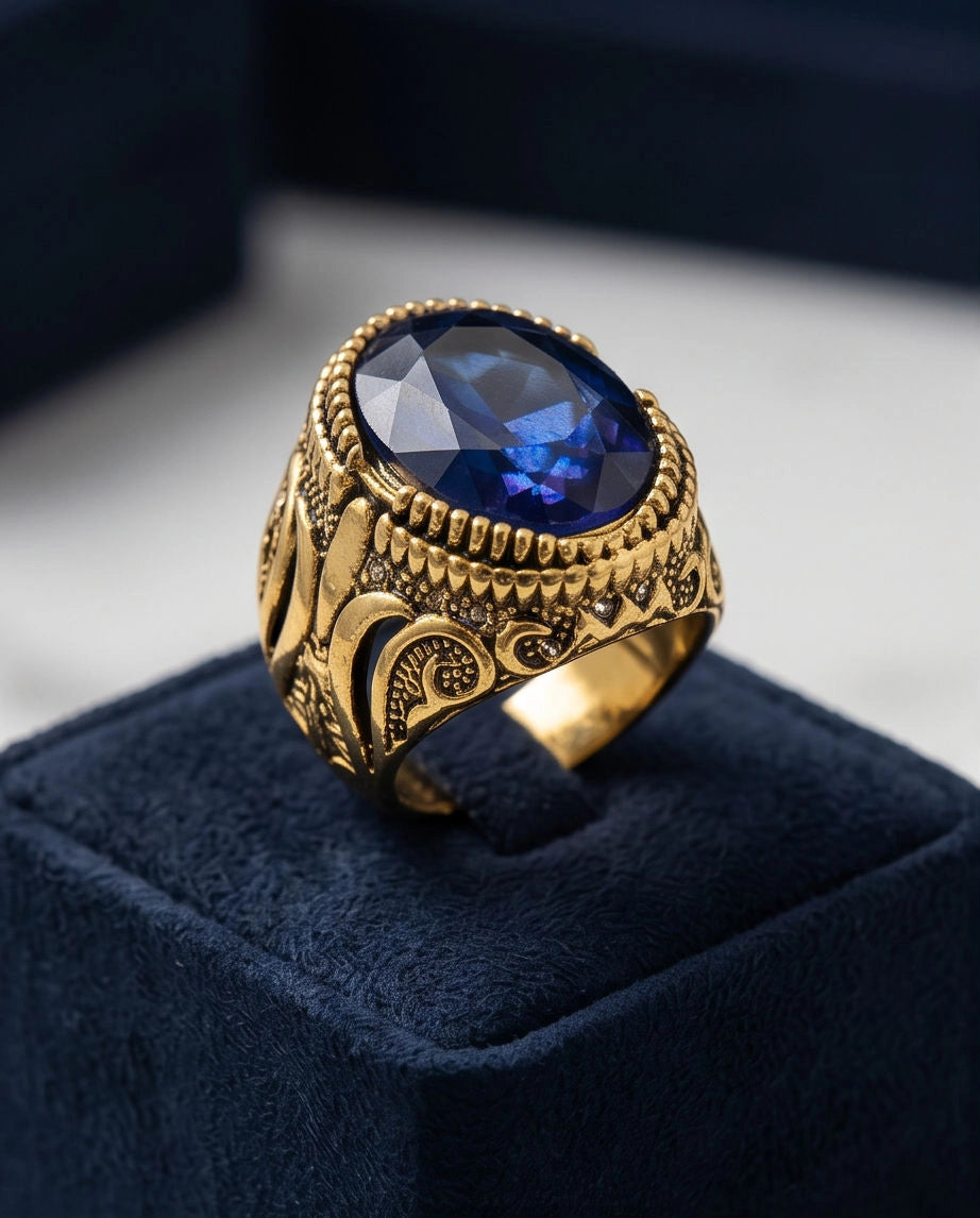 Antique Gold Oval Sapphire Scroll Signet Ring